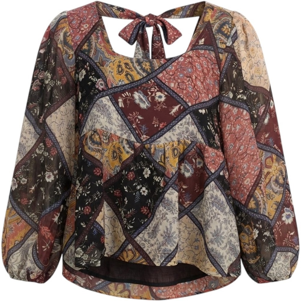 American Eagle Patchwork Print Balloon Sleeve Bow Tie Back Blouse Woman's Size M